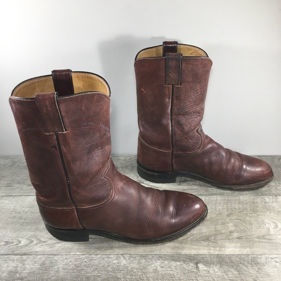 Justin Men’s 3411 Brown Kipskin Cowboy Western Leather Roper Pullon Boots Size 9 - Picture 3 of 11